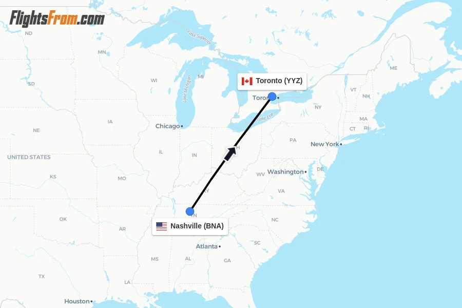 Flights from Nashville to Toronto route map