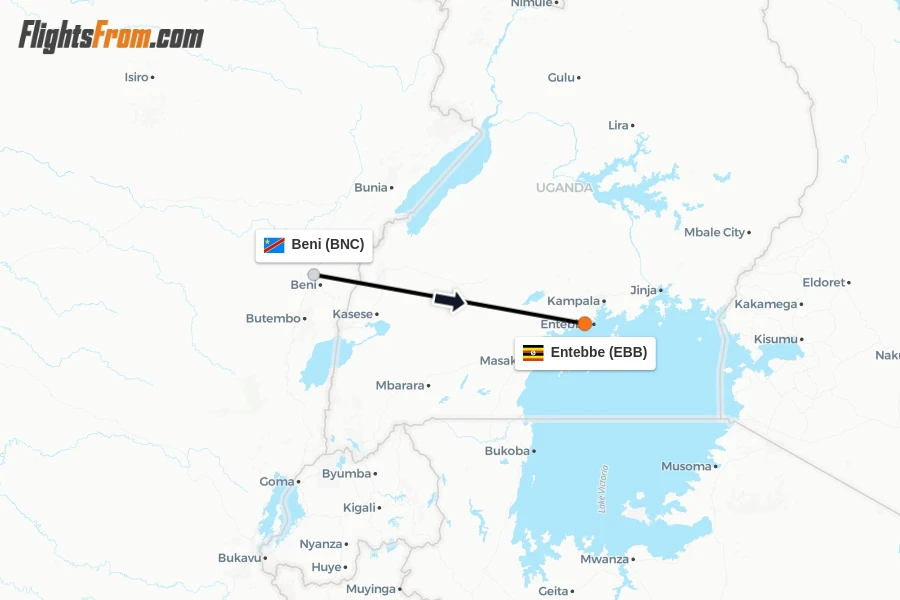Flights from Beni to Entebbe route map