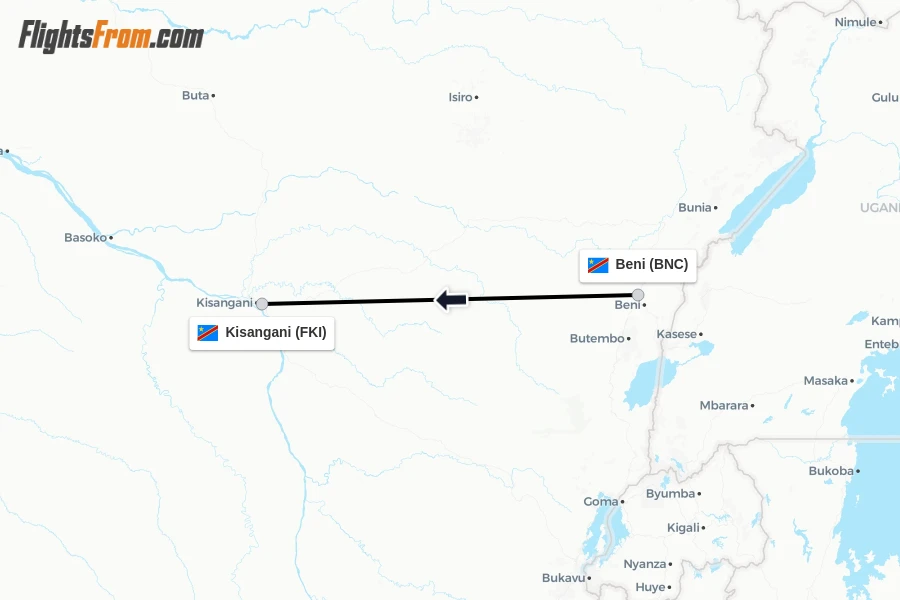 Flights from Beni to Kisangani route map