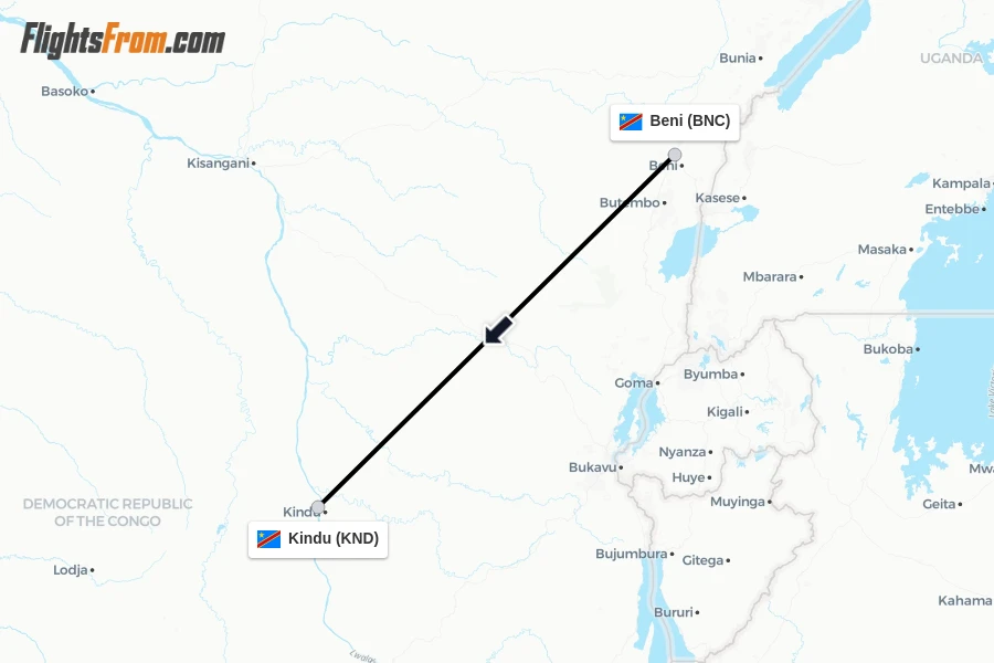 Flights from Beni to Kindu route map