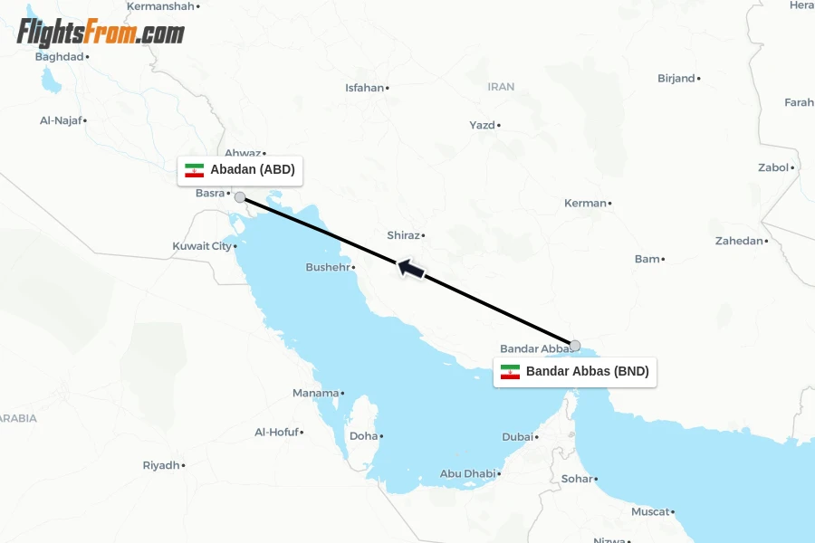 Flights from Bandar Abbas to Abadan route map