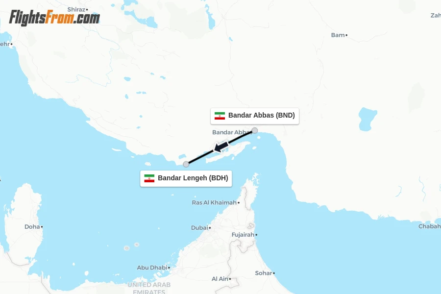 Flights from Bandar Abbas to Bandar Lengeh route map