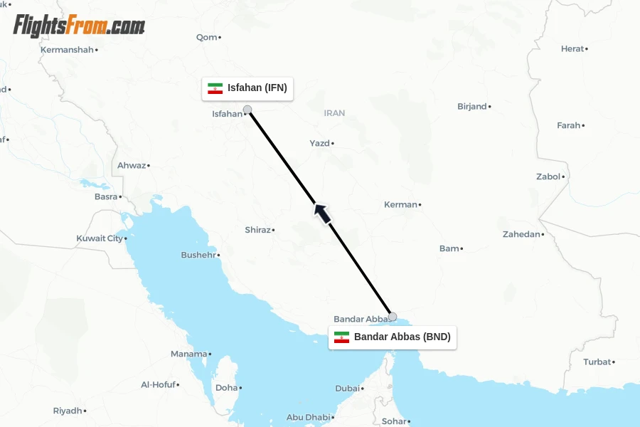 Flights from Bandar Abbas to Isfahan route map
