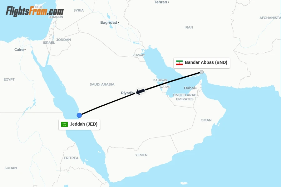Flights from Bandar Abbas to Jeddah route map