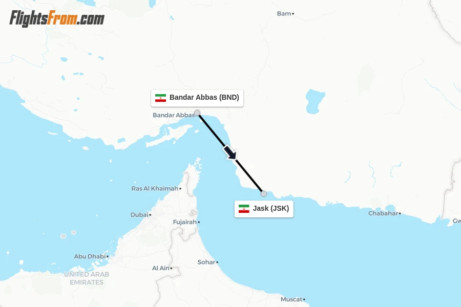 Flights from Bandar Abbas to Jask route map