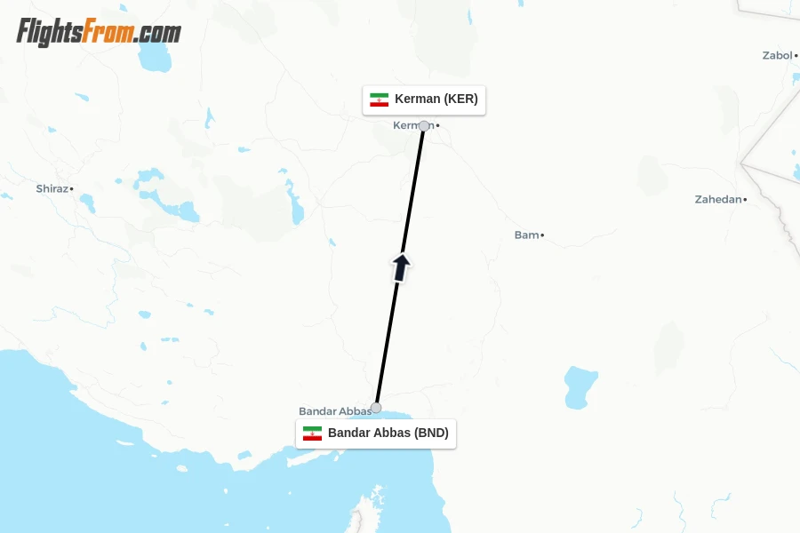 Flights from Bandar Abbas to Kerman route map
