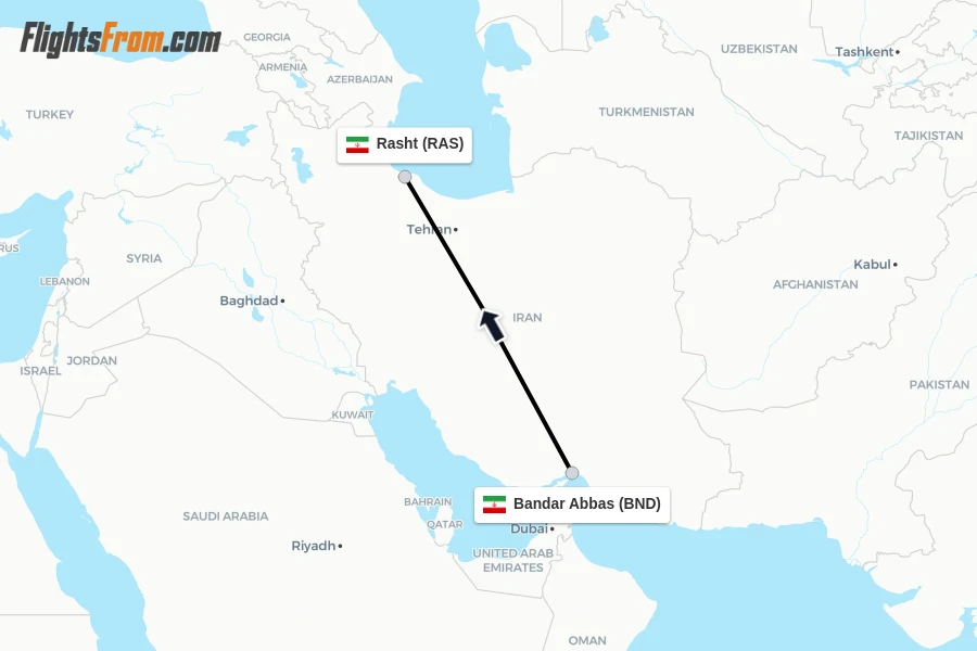 Flights from Bandar Abbas to Rasht route map