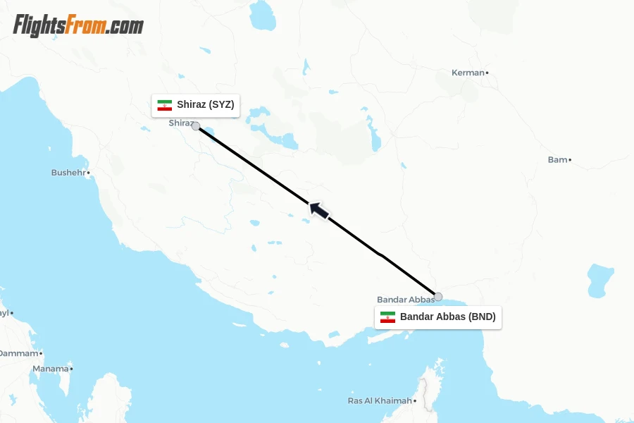 Flights from Bandar Abbas to Shiraz route map