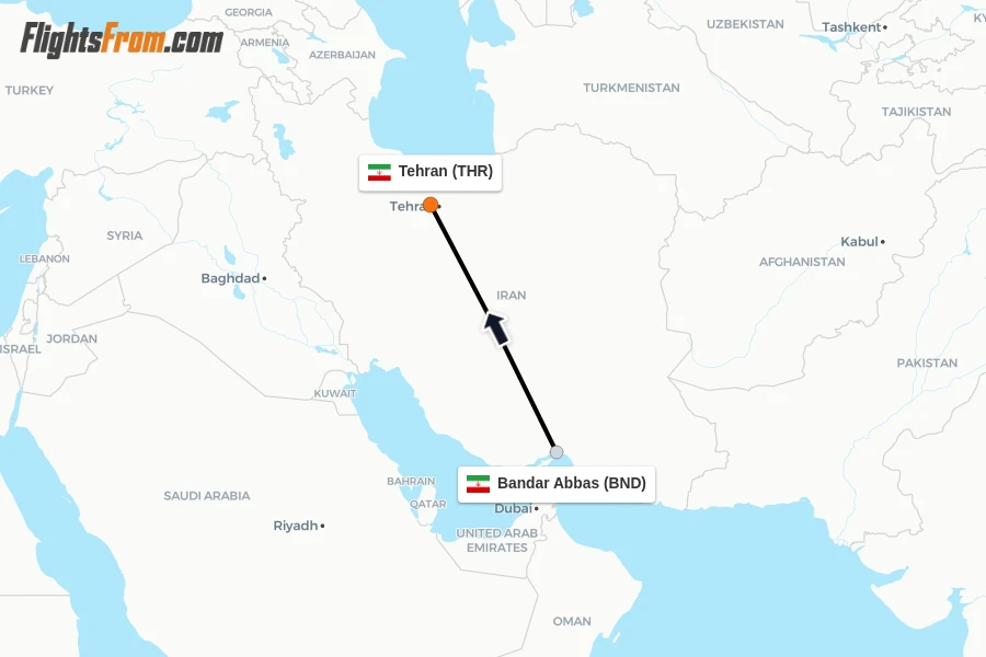 Flights from Bandar Abbas to Tehran route map