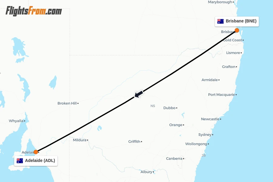 Flights from Brisbane to Adelaide route map