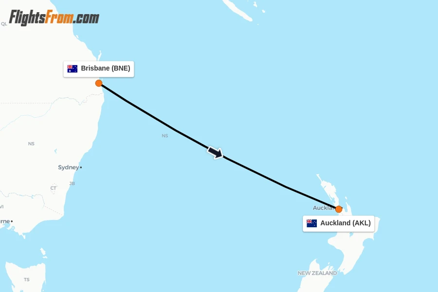 Flights from Brisbane to Auckland route map