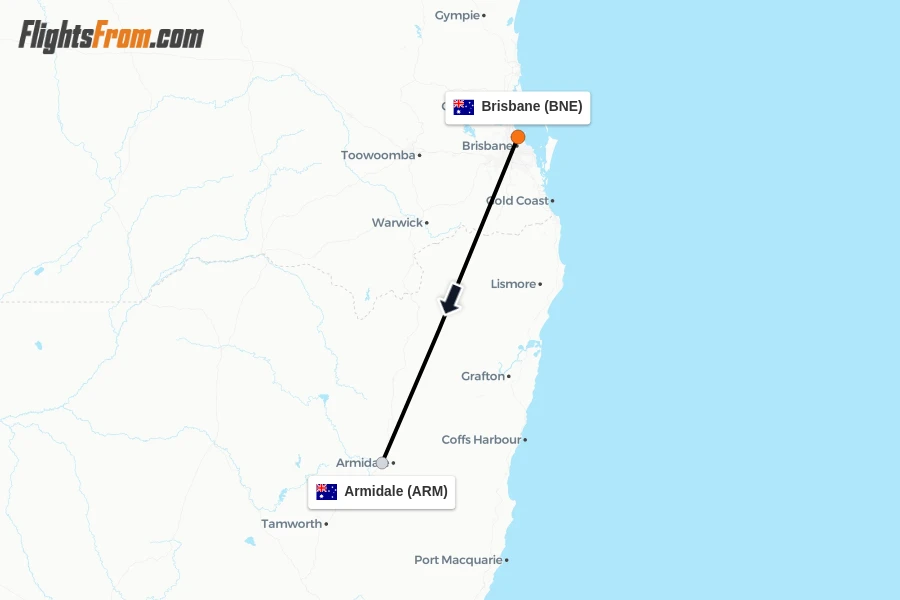 Flights from Brisbane to Armidale route map