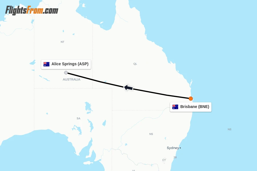 Flights from Brisbane to Alice Springs route map