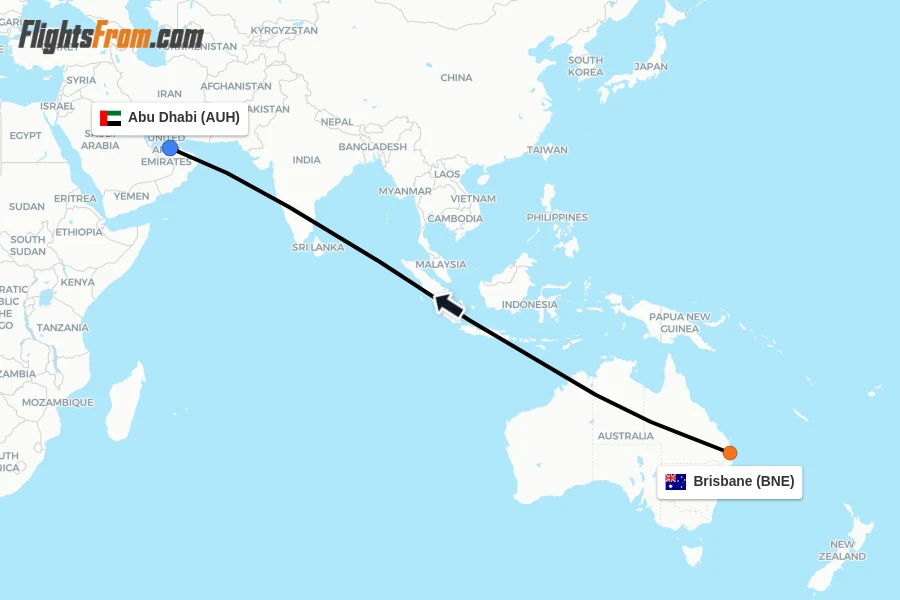 Flights from Brisbane to Abu Dhabi route map