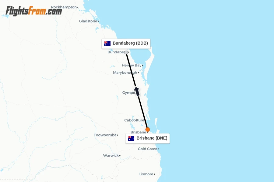Flights from Brisbane to Bundaberg route map