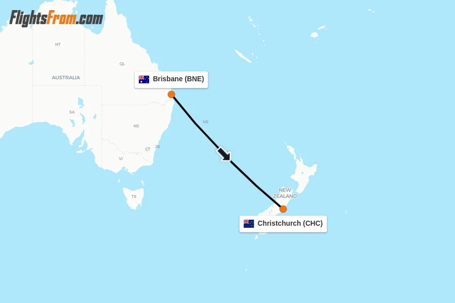 Flights from Brisbane to Christchurch route map