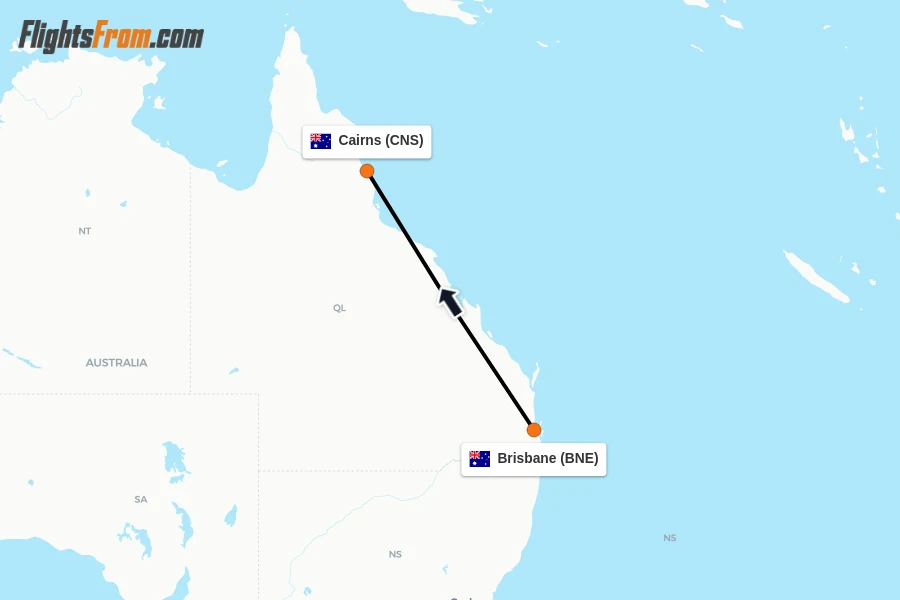 Flights from Brisbane to Cairns route map