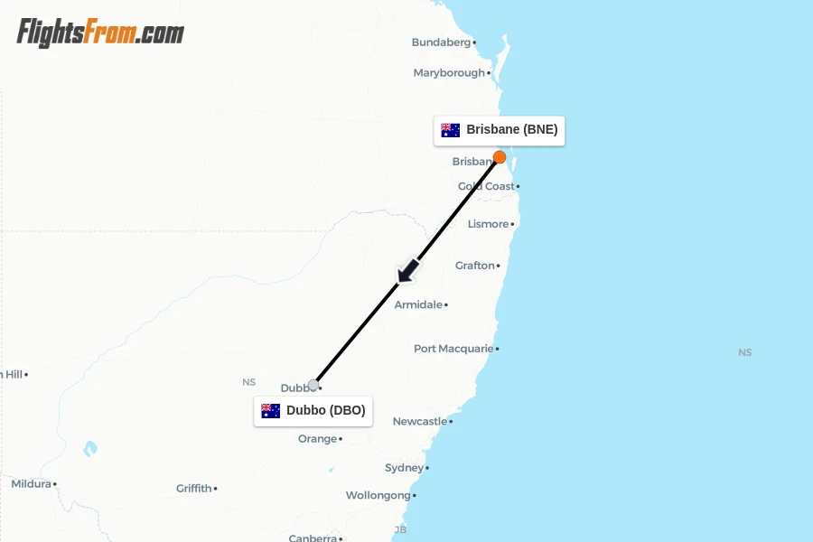 Flights from Brisbane to Dubbo route map