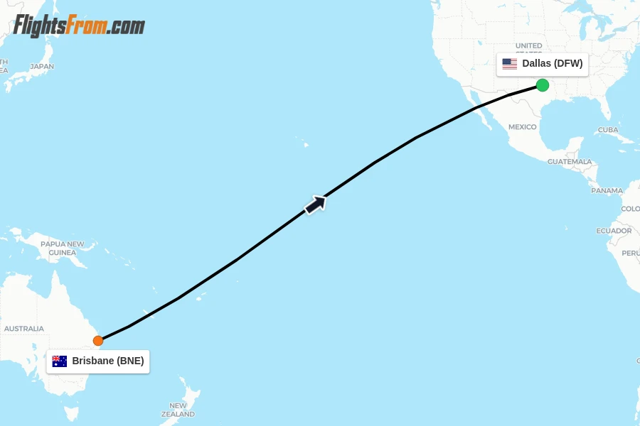 Flights from Brisbane to Dallas route map