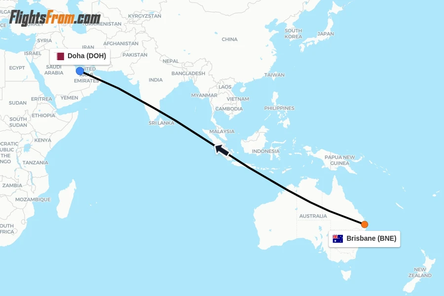 Flights from Brisbane to Doha route map