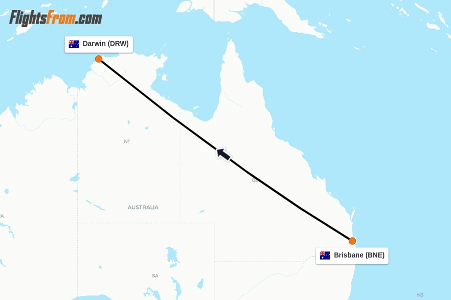 Flights from Brisbane to Darwin route map