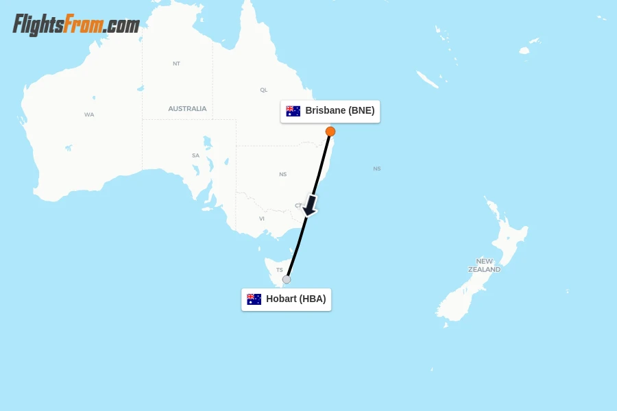 Flights from Brisbane to Hobart route map