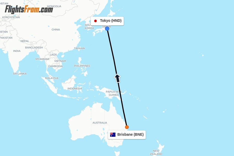 Flights from Brisbane to Tokyo route map