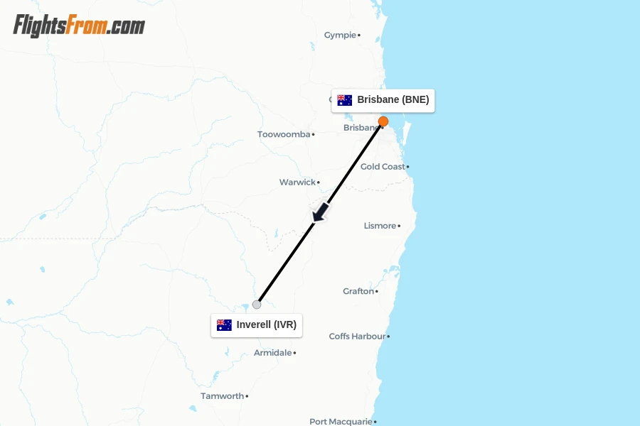 Flights from Brisbane to Inverell route map