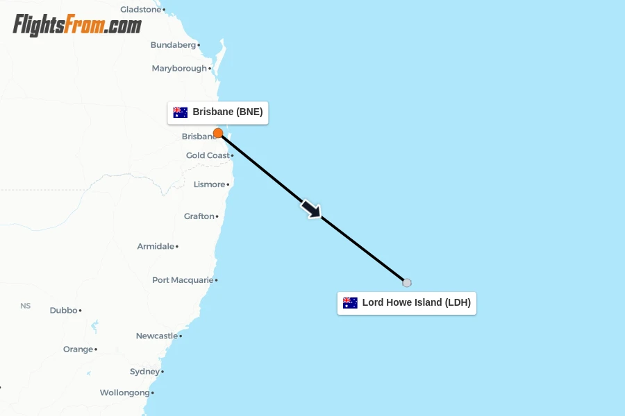 Flights from Brisbane to Lord Howe Island route map