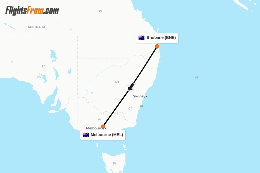 Flights from Brisbane to Melbourne route map