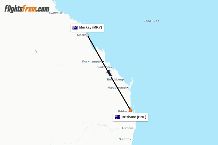 Flights from Brisbane to Mackay route map