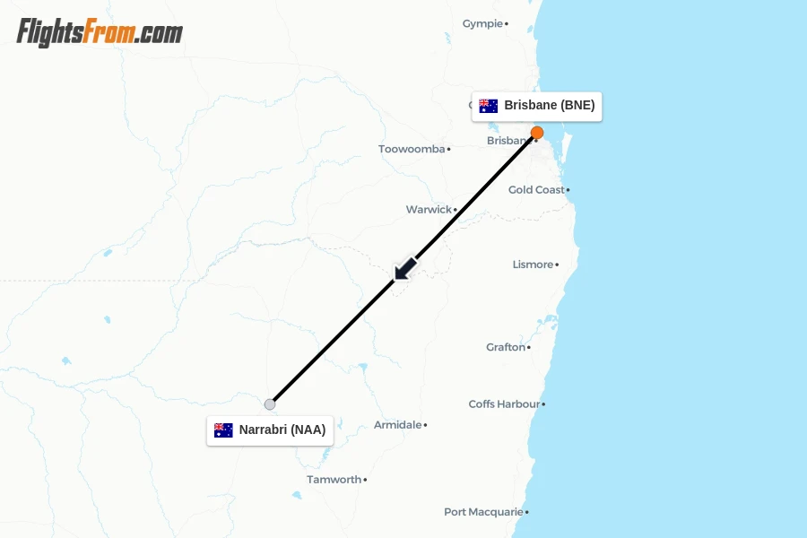 Flights from Brisbane to Narrabri route map
