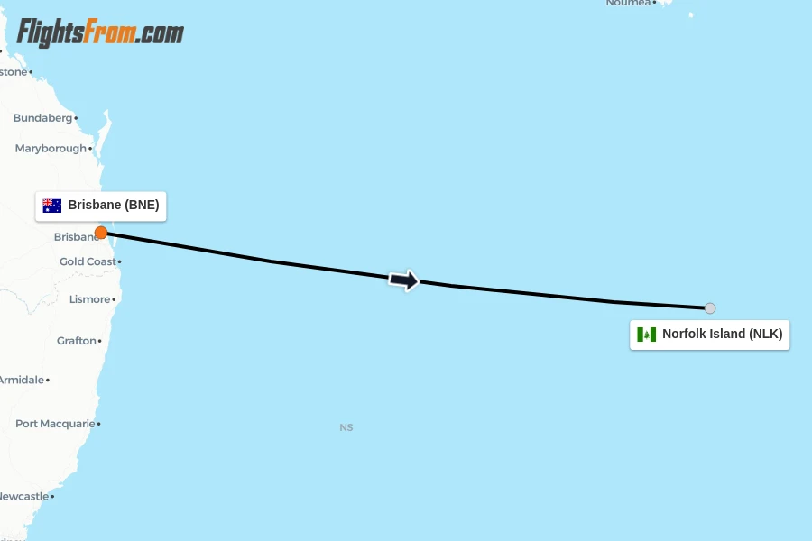 Flights from Brisbane to Norfolk Island route map