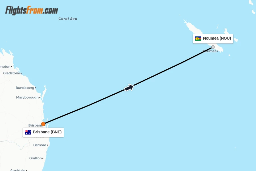 Flights from Brisbane to Noumea route map