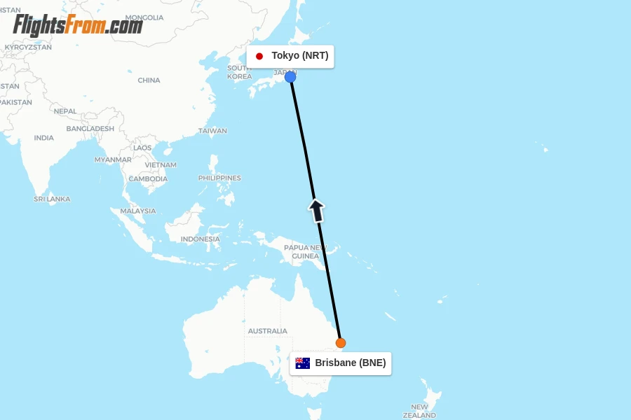 Flights from Brisbane to Tokyo route map