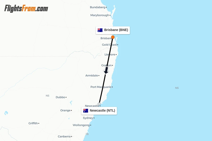 Flights from Brisbane to Newcastle route map