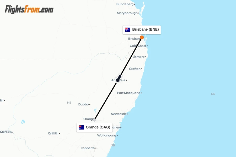 Flights from Brisbane to Orange route map