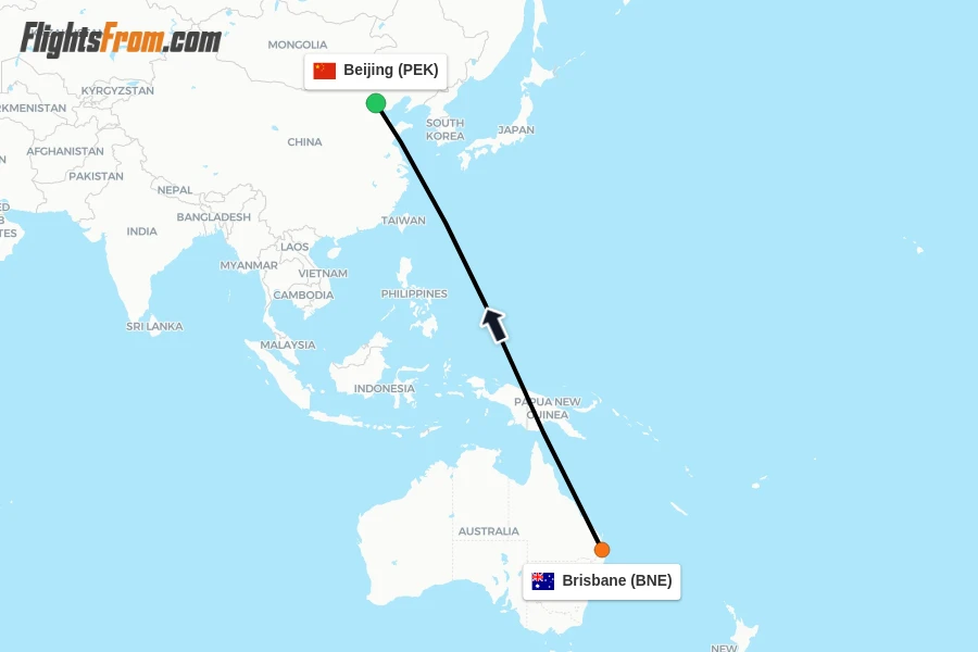 Flights from Brisbane to Beijing route map