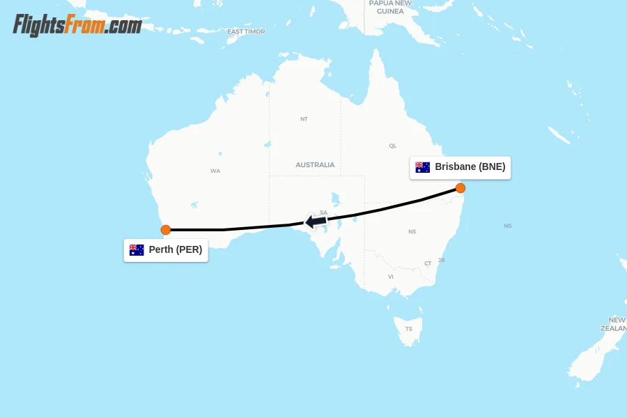 Flights from Brisbane to Perth route map