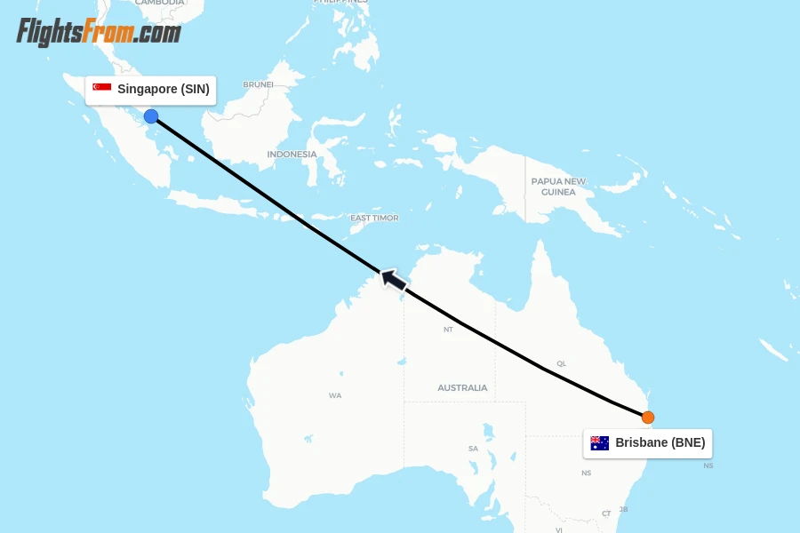 Flights from Brisbane to Singapore route map