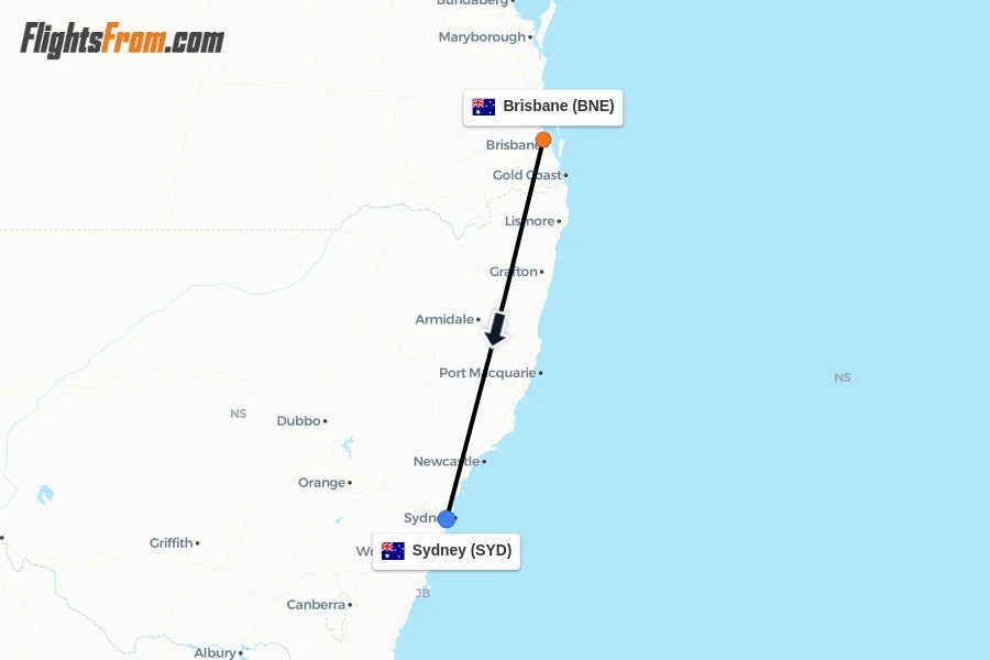 Flights from Brisbane to Sydney route map