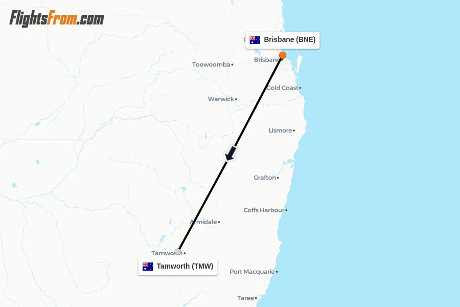 Flights from Brisbane to Tamworth route map
