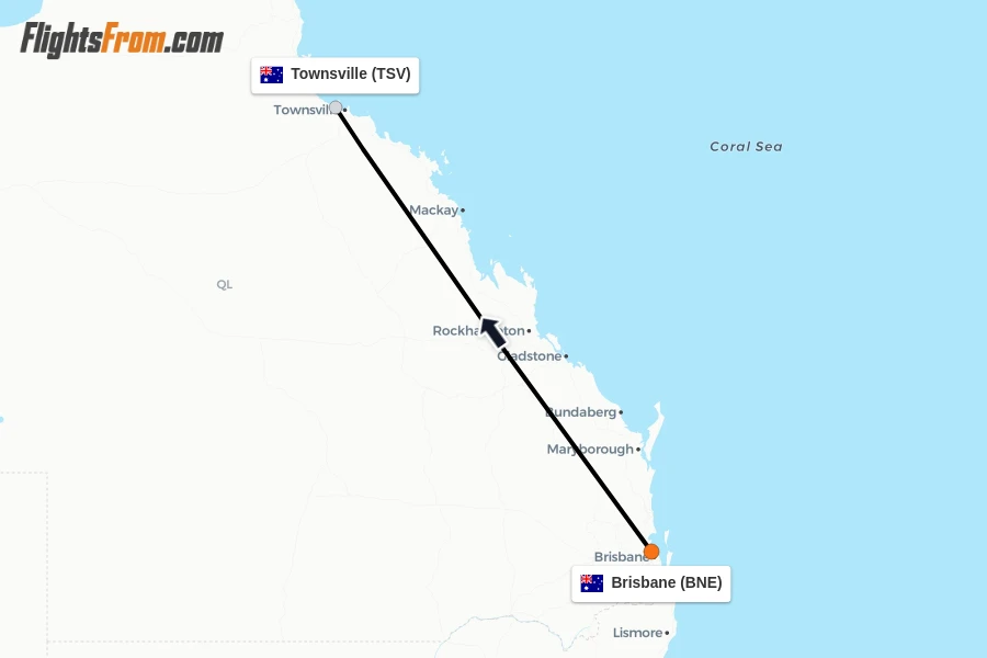 Flights from Brisbane to Townsville route map