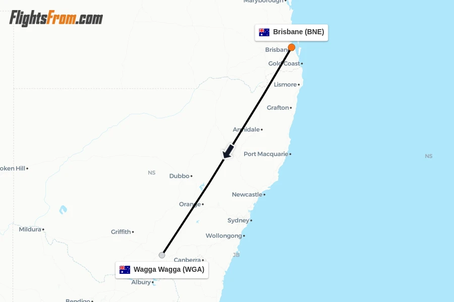 Flights from Brisbane to Wagga Wagga route map