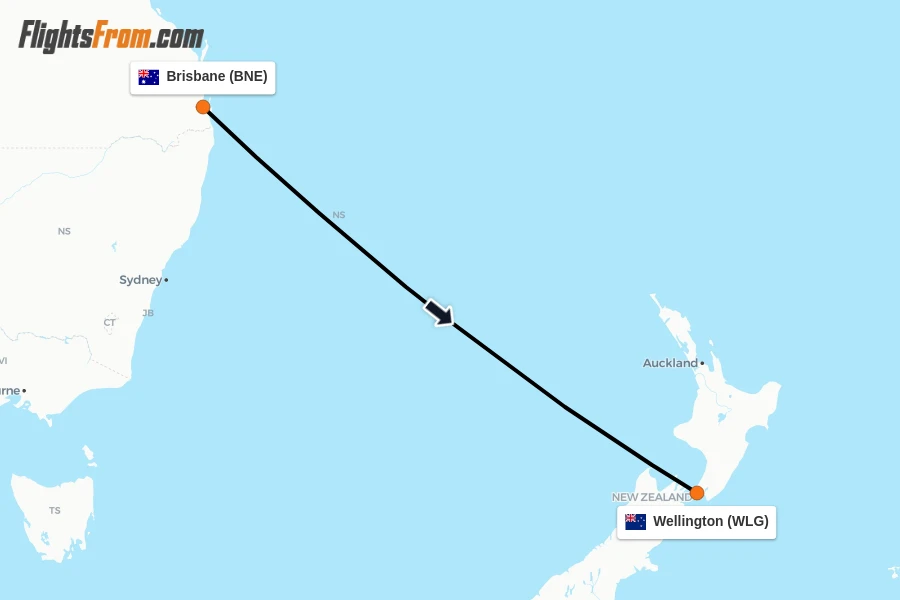 Flights from Brisbane to Wellington route map