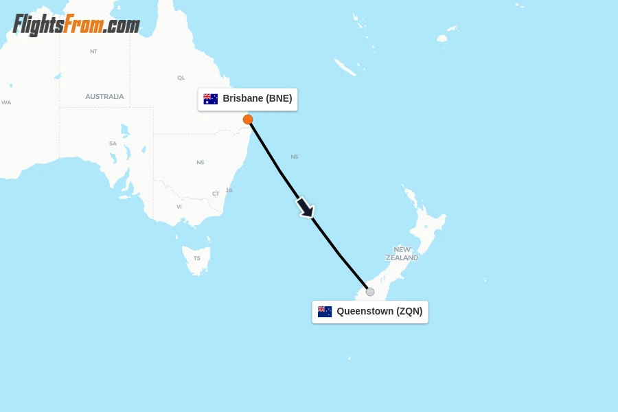 Flights from Brisbane to Queenstown route map
