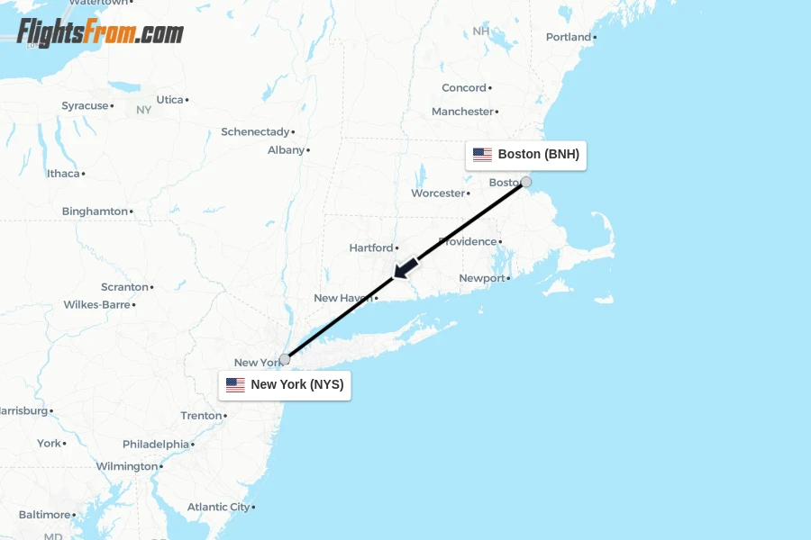 Flights from Boston to New York route map