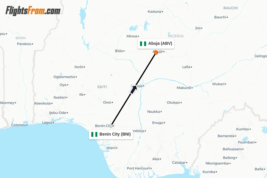 Flights from Benin City to Abuja route map