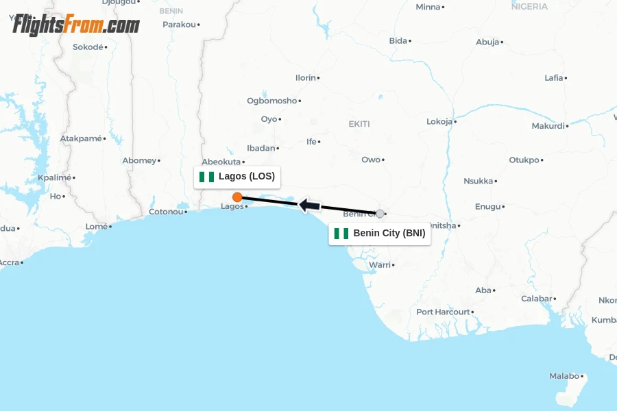 Flights from Benin City to Lagos route map