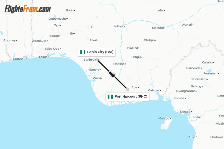 Flights from Benin City to Port Harcourt route map